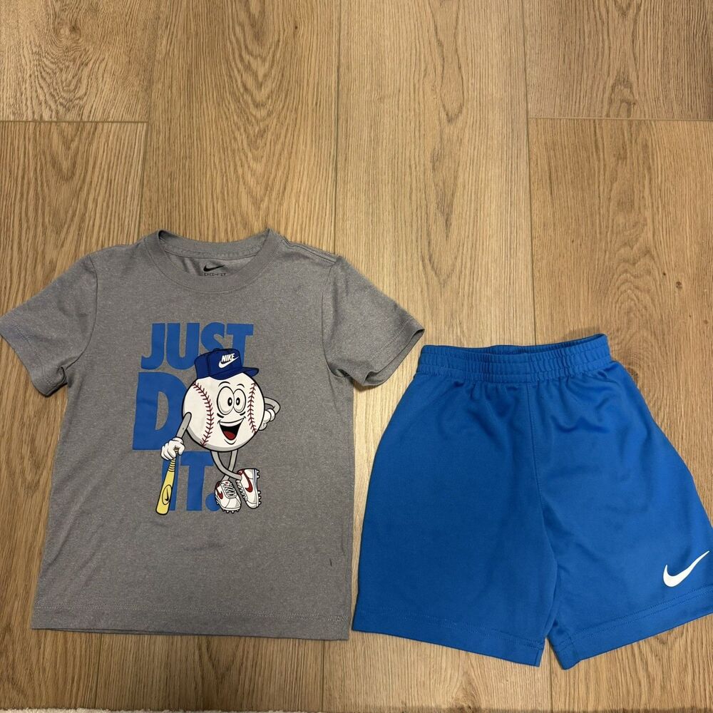 Nike Dri-fit Youth Small Gray & Blue Athletic Shorts & Tshirt Activewear Set